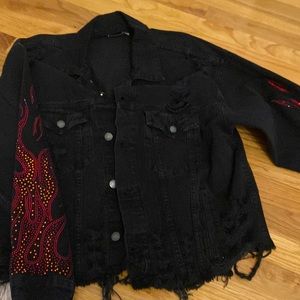 Black rhinestone fire carmar denim jacket! Never worn!